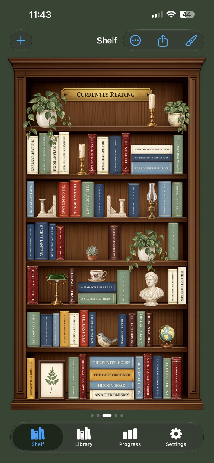 Bookroom showing a personal wooden bookcase filled with books and decorations